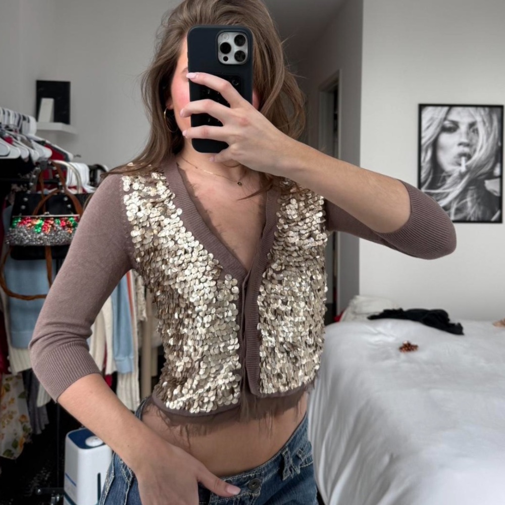 Sequin Embellished Brown Cardigan Top